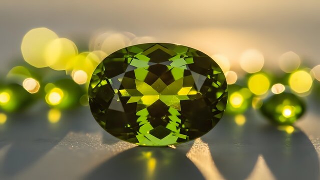 Stunning green peridot gemstone with brilliant faceted cut displaying natural olivine crystal structure against soft bokeh lights background for jewelry design.