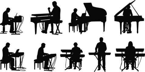 Keyboard players silhouette illustration, piano and synthesizer musicians, musical performance icon set, black and white vector graphic © Irin Akter