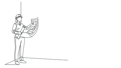 Young male architect in hard hat reviewing construction blueprints and plans. Professional engineer studying building documents. Line art style illustration.