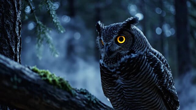 Great Horned Owl with Glowing Eyes in Dark Forest