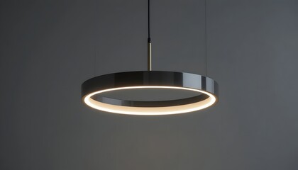 Stunning modern LED ring pendant light fixture illuminates dark minimalist interior space with elegant soft glow