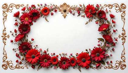 Vintage floral frame with red flowers and golden ornaments.