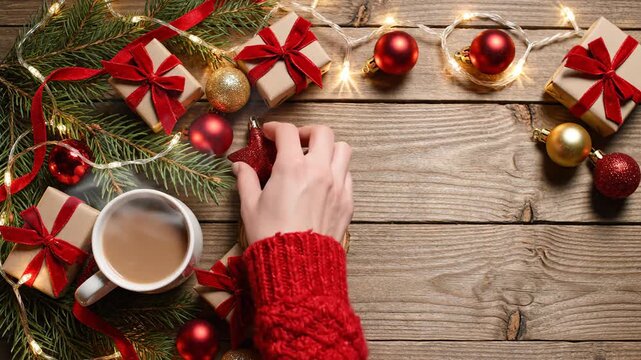 Christmas holiday decoration with gifts coffee and lights on wooden surface