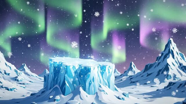 Cartoon iceberg in snow landscape with falling snowflakes