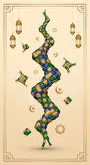 Intricate woven ribbon design with traditional ketupat, crescent moons, and lanterns on a beige background, symbolizing Eid celebration.