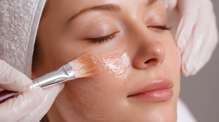 Closeup of relaxed woman face during chemical peeling procedure applied by therapist hands, Skin care and SPA concept