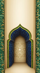 Ornate Islamic archway with intricate geometric patterns and layered design in green, blue, and gold.
