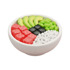 3D poke bowl icon with salmon, avocado, edamame, rice in white dish, healthy Hawaiian food illustration for restaurant apps