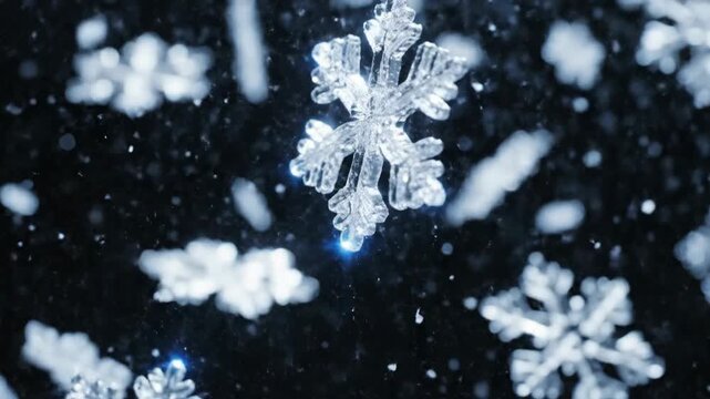 Close up of falling snowflakes against black background winter theme
