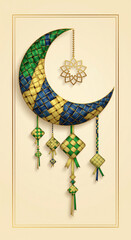 A beautifully woven crescent moon in green, blue, and yellow, adorned with traditional ketupat decorations and a golden star, set against a cream background.