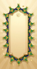 A decorative Islamic frame with woven ketupat patterns and crescent moon for Eid al-Fitr celebration.