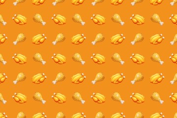 3D chicken pattern with roasted whole chicken and fried drumsticks on orange background for restaurant menu design and food branding