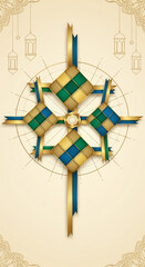 Stylized ketupat decoration with blue, green, and gold ribbons, set against a cream background with lanterns, celebrating Eid.