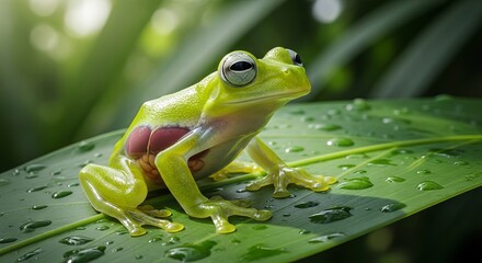 Glass frog resting on a leaf with transparent skin revealing internal organs. A unique tropical amphibian known for its delicate appearance and nocturnal rainforest life.