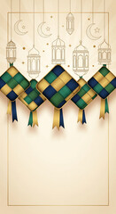Festive Islamic decoration with hanging ketupat, lanterns, crescent moons, and stars on a warm background, celebrating Eid.