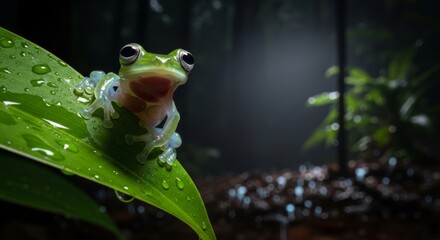 Glass frog resting on a leaf with transparent skin revealing internal organs. A unique tropical amphibian known for its delicate appearance and nocturnal rainforest life.
