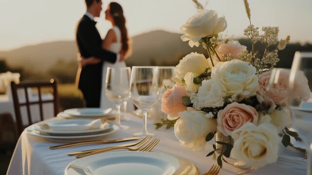 Romantic outdoor dining setup with luxury gold cutlery and floral centerpiece at sunset, concept for wedding planning, romantic dinner and event invitations