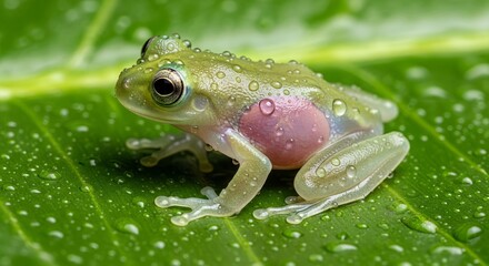 Glass frog resting on a leaf with transparent skin revealing internal organs. A unique tropical amphibian known for its delicate appearance and nocturnal rainforest life.