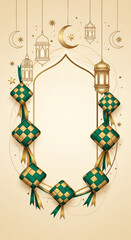 Elegant Islamic frame with golden lanterns, crescent moons, stars, and green-gold ketupat decorations on a cream background, perfect for Eid or Ramadan.