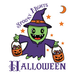 Cute Green Witch Trick Or Treat Halloween Cartoon