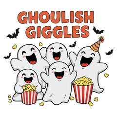 Cute Halloween Ghosts With Popcorn Funny Cartoon