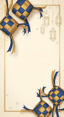 Elegant Eid al-Fitr greeting card background with golden frame, traditional blue and gold ketupat decorations, and hanging lanterns.