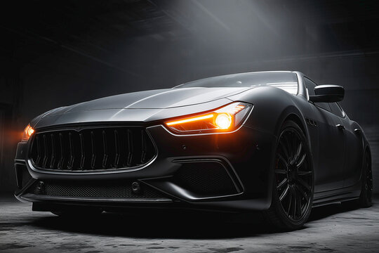 Low-angle view of matte black sports car with glowing headlights in dark garage