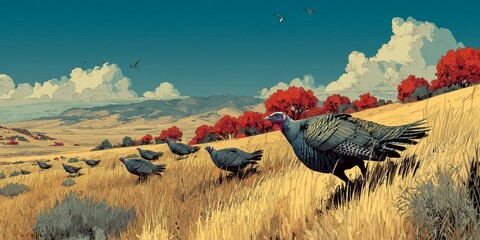 Flock of wild turkeys in golden autumn field with red trees illustration