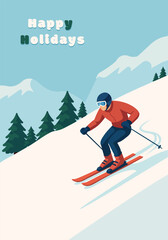 skiing in the mountains. happy holidays greeting card