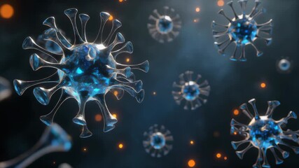 Close-up 3D visualization of floating blue glowing virus cells on a dark background, concept for medical research, health awareness and viral pandemic news - Powered by Adobe