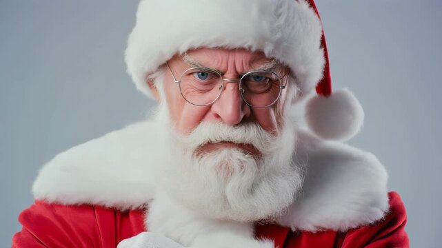 Angry Santa Claus with round glasses and a fluffy white beard stares intensely at the camera on a gray background, concept for holiday disappointment, Christmas mischief and seasonal humor