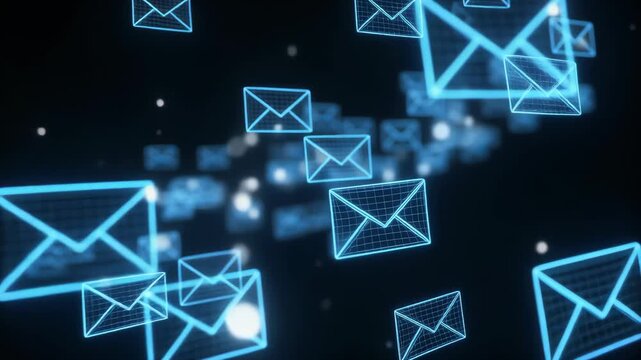 Abstract 3D render of glowing blue wireframe email icons flying against a dark background with bokeh lights, concept for digital marketing, global networking and data encryption
