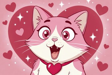 A cartoon cat with a big smile and heart-shaped collar appears in front of a pink heart background filled with stars and smaller hearts. The design reflects a fun and loving mood Saint Valentine day c