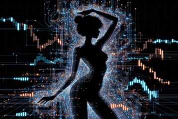 A figure stands in a pose with hands raised. The background shows patterns of data and financial charts. The scene suggests a blend of digital artistry and human expression at night