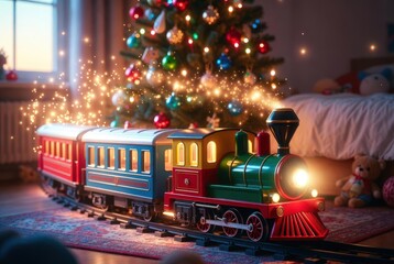 A toy train travels on a track near a Christmas tree. The room has bright decorations and a warm glow. Children watch in wonder as sparks fill the air, creating a joyful atmosphere