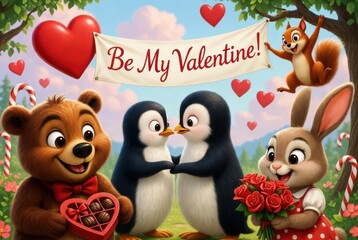 Two penguins hold hands in front of a banner that says Be My Valentine. A bear offers chocolates while a rabbit holds flowers in a woodland area with heart decorations Saint Valentine day concept