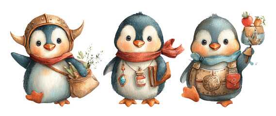 Fototapeta premium Mythical Penguin Heroes in Watercolor Plush Style for Kids’ Art and Decor