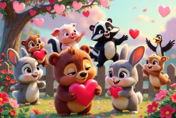 A group of cartoon animals gather in a garden. They hold hearts while smiling and playing, surrounded by flowers and a wooden fence. The scene shows joy and friendship Saint Valentine day concept