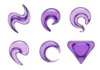 Curved, abstract workflow pointers with a smooth, flowing shape and a translucent purple texture, a 3D glassmorphism arrow icon set isolated on white