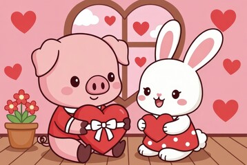 A pig and a rabbit are sitting together in a room. Both are holding heart-shaped items. The walls are pink with hearts, and there are flowers in a pot nearby Saint Valentine day concept
