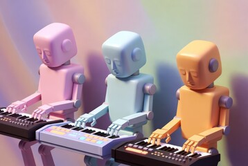 Three robots with different colors sit in front of keyboards. They are focused on playing music. The background shows colorful patterns