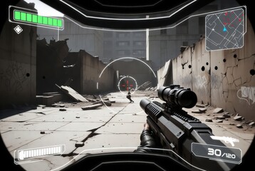 A person is aiming a rifle at a target in a destroyed city environment. Debris and broken walls are present in the background. The scene appears tense and focused 3d games shooter concept