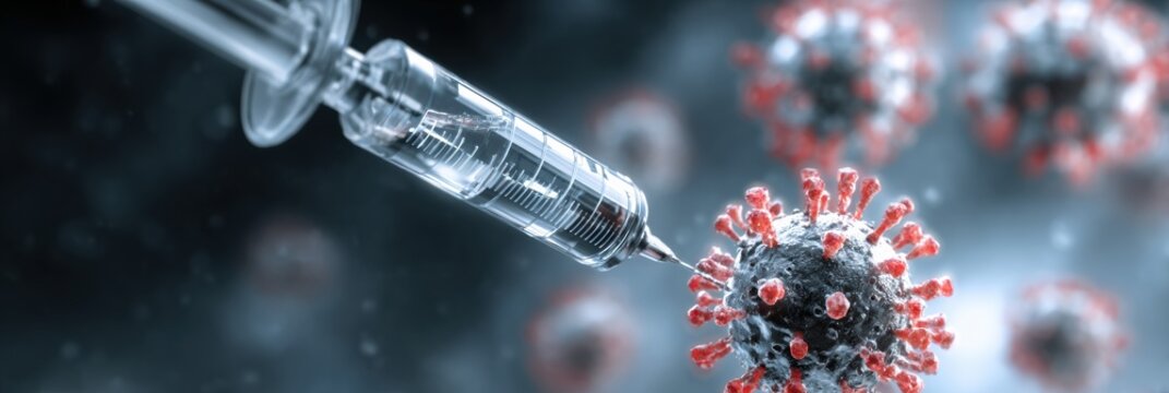Vaccination Campaign With Syringe Approaching Virus in a Clean and Abstract Environment, Emphasizing Health in Modern Pharmacy Settings