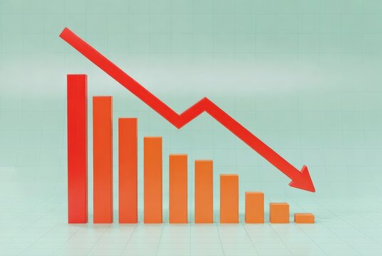 A graph displays vertical bars in orange that start high and decrease downwards. A red arrow points down, indicating a decline in values across a set time period