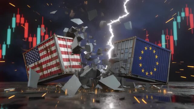 US and EU containers shattered by lightning against a financial chart, symbolizing a trade war conflict, concept for economic crisis, global relations and commercial disruption