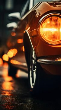 Vintage vehicle in motion during evening rain