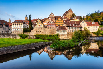 Half-timbered stone houses in the medieval Old town of Schwabisch Hall city, Germany