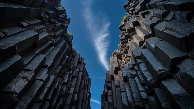 Striking Basalt Column Formations Under Blue Sky Geological Wonder Landscape