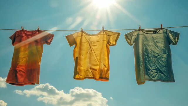 Vibrant shirts and pants drying on a clothesline under a blue sky with sun flares.