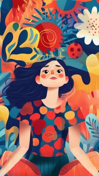 A whimsical digital of a smiling young girl with flowing hair, enveloped in vibrant colors and floral patterns that suggest a dream-like atmosphere.